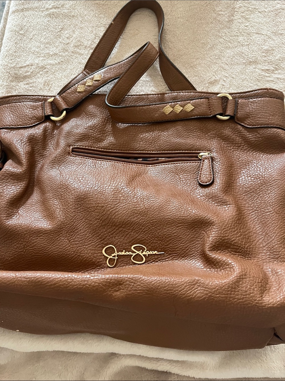 Jessica Simpson Brown Pebbled Leather Tote with Gold Logo